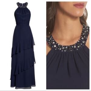 Eliza J Beaded Halter Tiered Chiffon Gown 18 Navy